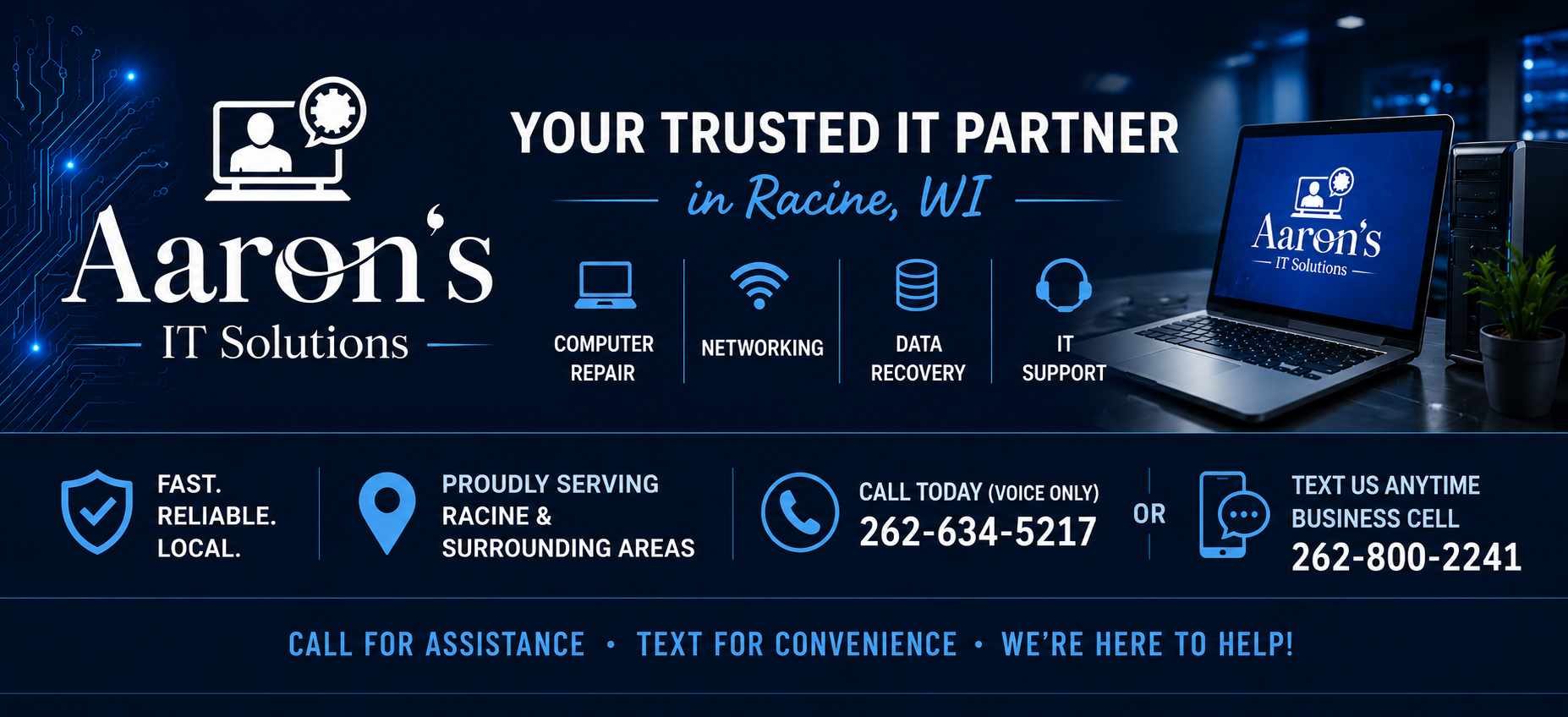 Aaron's IT Solutions logo and computer repair storefront branding